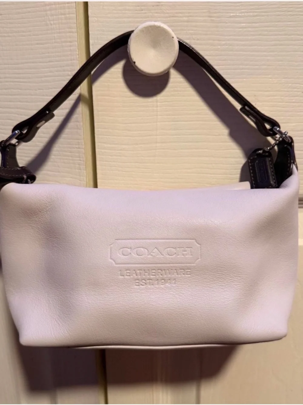 Coach White Leather Shoulder Bag with Dark Brown Handle